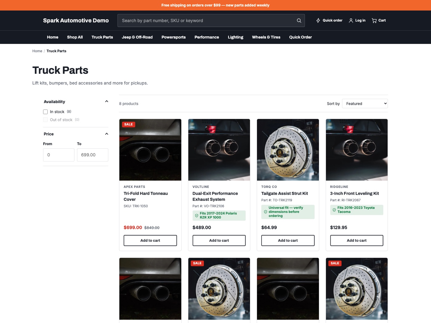 Collection page on the demo store: sidebar filters beside a product grid, with 'Fits' compatibility badges on the cards.