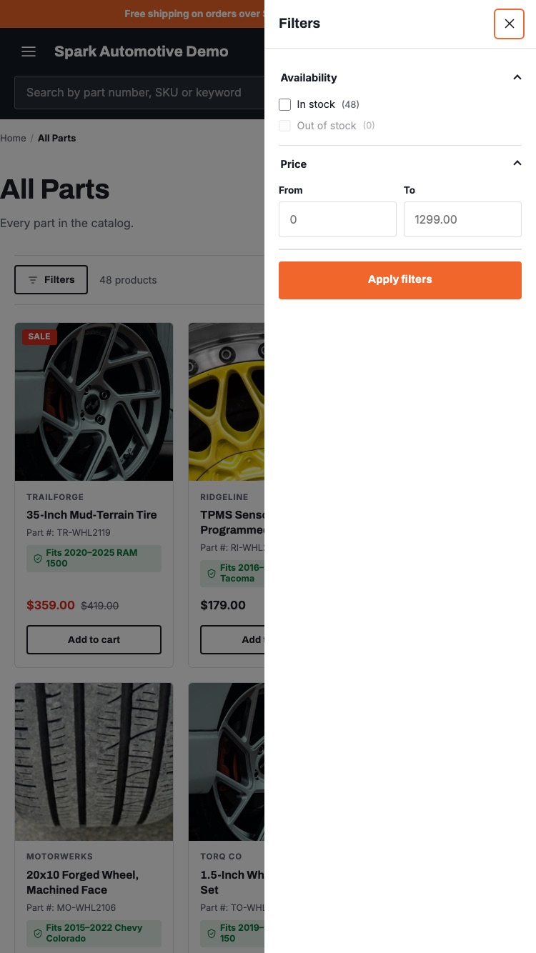 Demo store collection on a phone with the filter drawer open over the product grid.