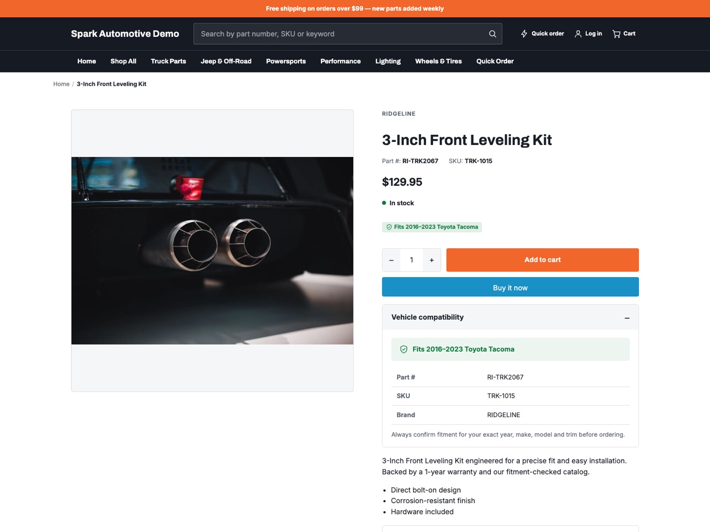 Product page on the demo store showing a 'Vehicle compatibility' panel alongside the part number and add-to-cart.