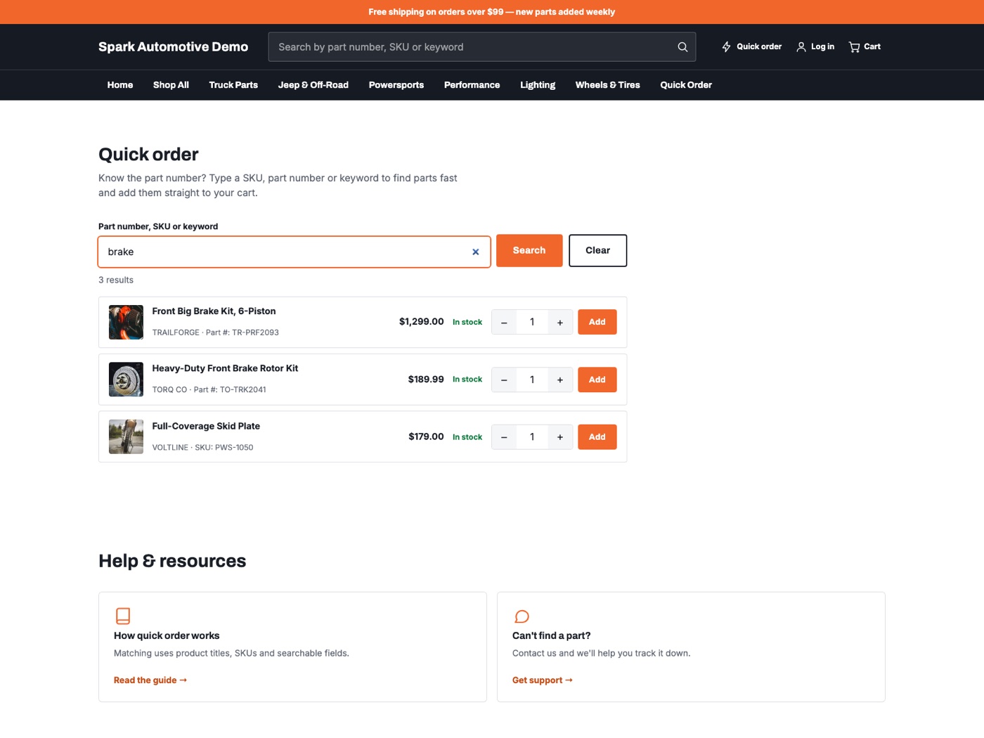 Demo store quick order page: a part-number entry field showing live matching product results below it.